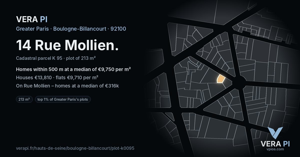 14 Rue Mollien, Boulogne-Billancourt at night – the plot lit, the parcels around coloured by the prices near them