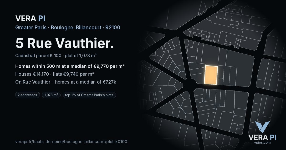 5 Rue Vauthier, Boulogne-Billancourt at night – the plot lit, the parcels around coloured by the prices near them