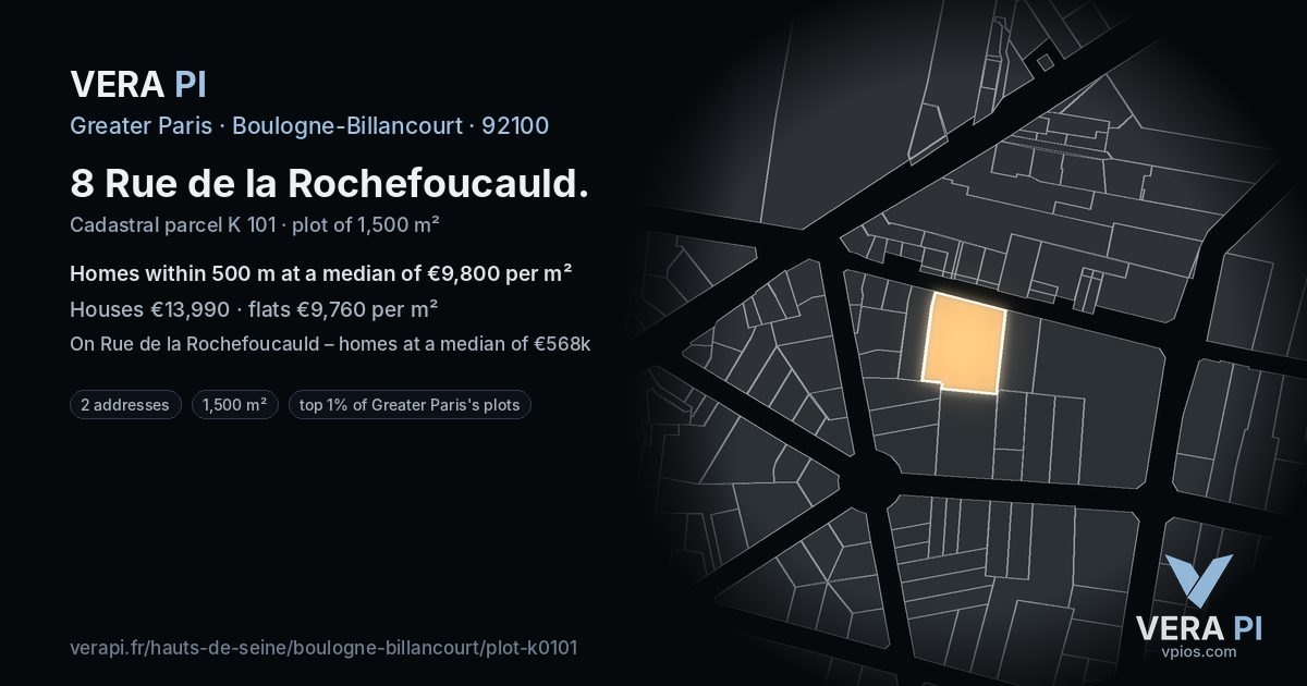 8 Rue de la Rochefoucauld, Boulogne-Billancourt at night – the plot lit, the parcels around coloured by the prices near them