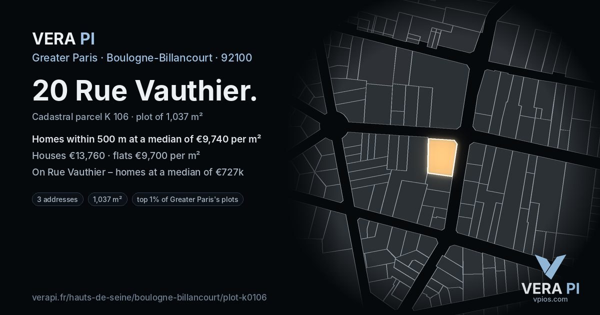 20 Rue Vauthier, Boulogne-Billancourt at night – the plot lit, the parcels around coloured by the prices near them