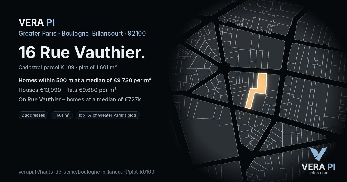 16 Rue Vauthier, Boulogne-Billancourt at night – the plot lit, the parcels around coloured by the prices near them