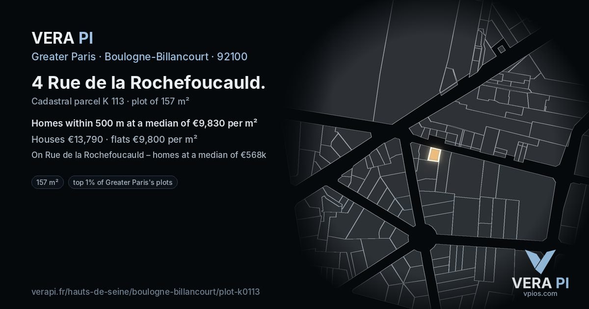 4 Rue de la Rochefoucauld, Boulogne-Billancourt at night – the plot lit, the parcels around coloured by the prices near them