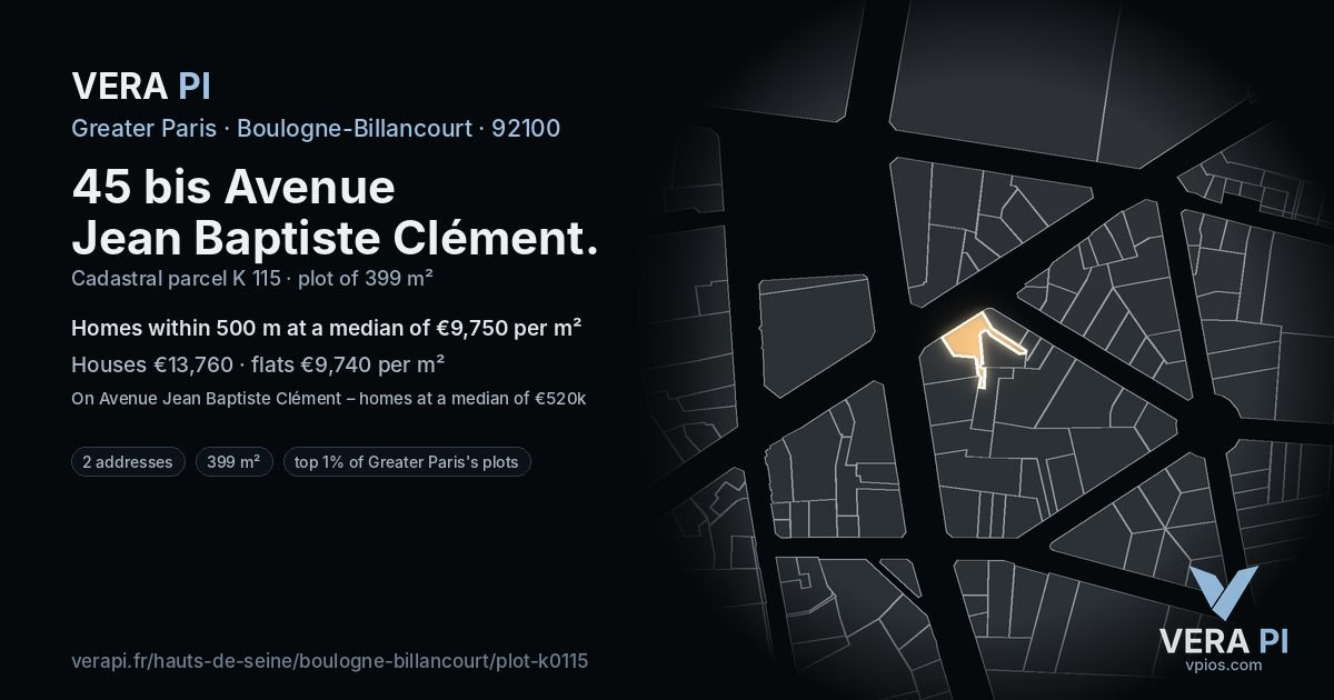 45 bis Avenue Jean Baptiste Clément, Boulogne-Billancourt at night – the plot lit, the parcels around coloured by the prices near them