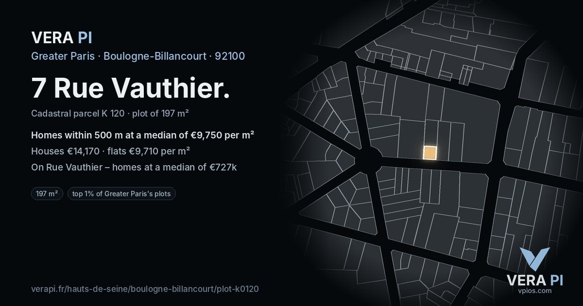 7 Rue Vauthier, Boulogne-Billancourt at night – the plot lit, the parcels around coloured by the prices near them