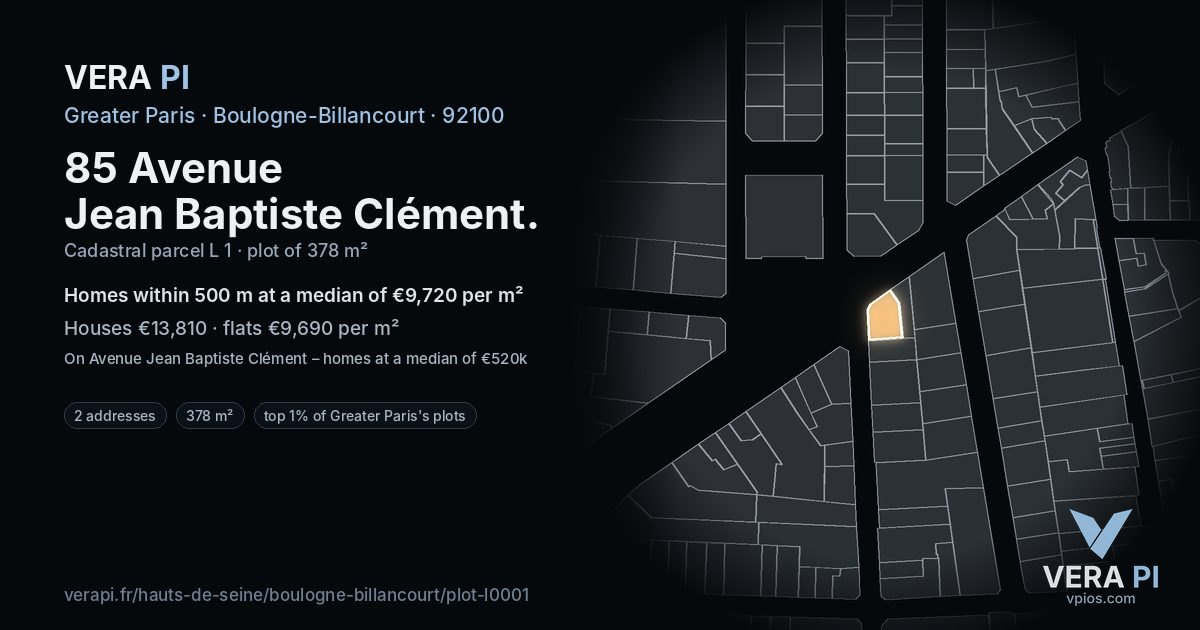 85 Avenue Jean Baptiste Clément, Boulogne-Billancourt at night – the plot lit, the parcels around coloured by the prices near them