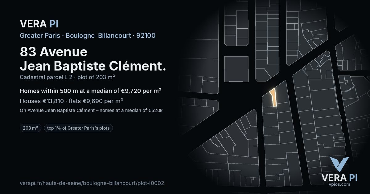 83 Avenue Jean Baptiste Clément, Boulogne-Billancourt at night – the plot lit, the parcels around coloured by the prices near them