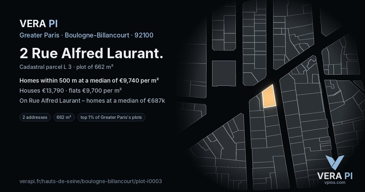 2 Rue Alfred Laurant, Boulogne-Billancourt at night – the plot lit, the parcels around coloured by the prices near them