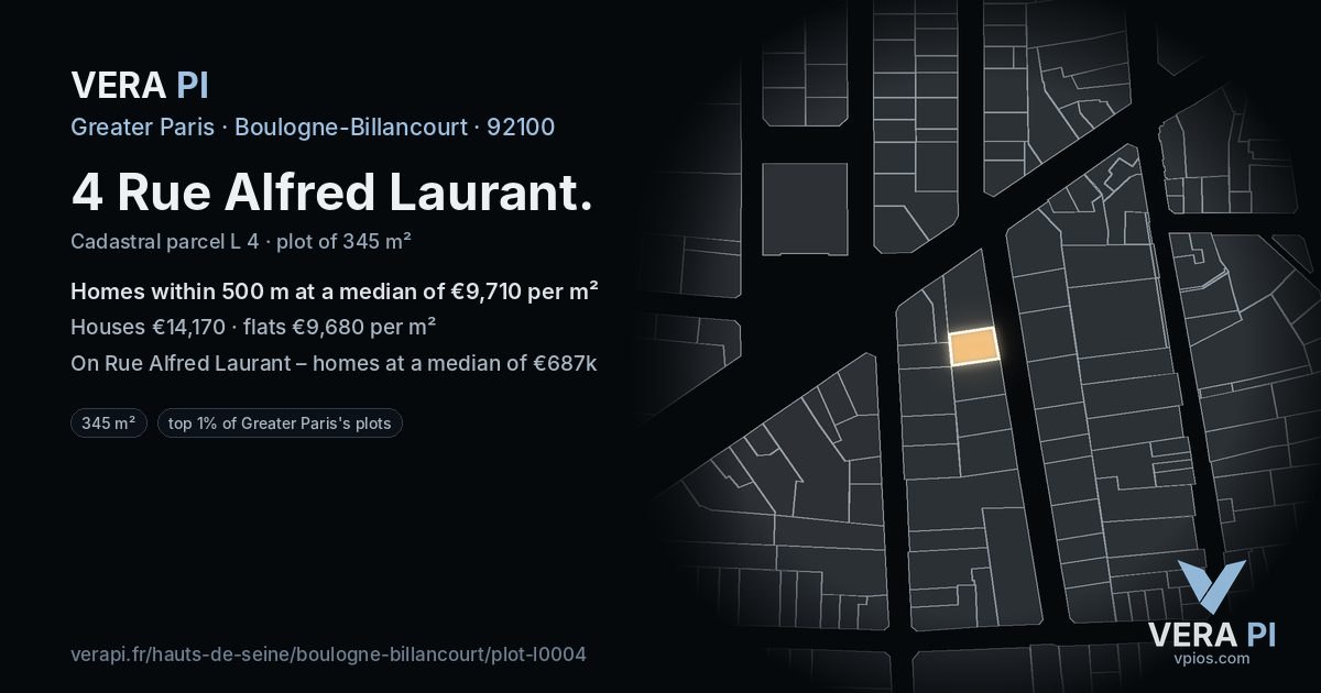 4 Rue Alfred Laurant, Boulogne-Billancourt at night – the plot lit, the parcels around coloured by the prices near them