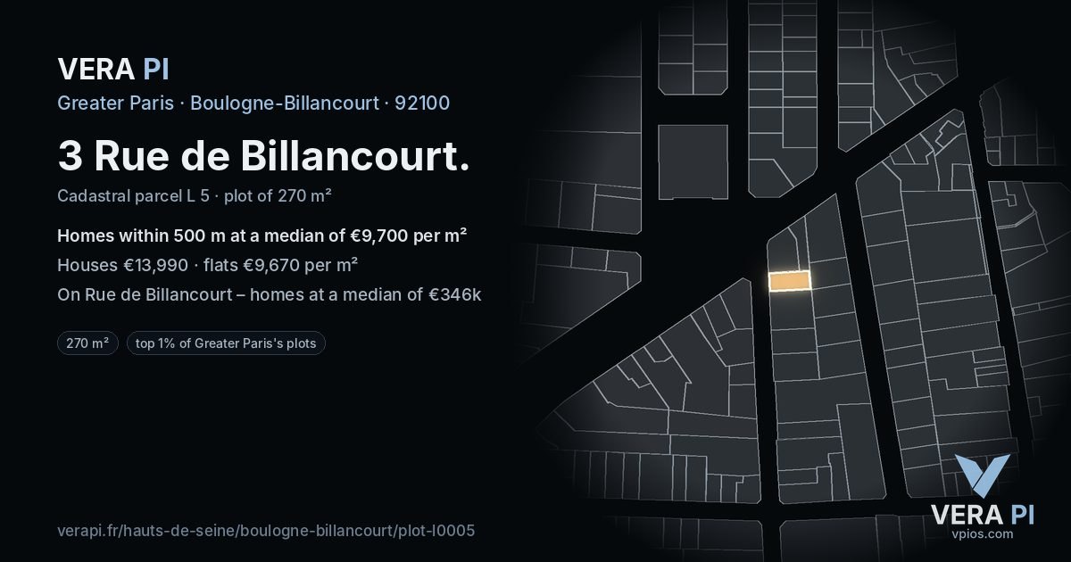 3 Rue de Billancourt, Boulogne-Billancourt at night – the plot lit, the parcels around coloured by the prices near them
