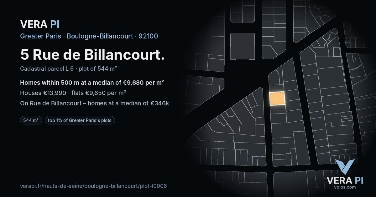 5 Rue de Billancourt, Boulogne-Billancourt at night – the plot lit, the parcels around coloured by the prices near them