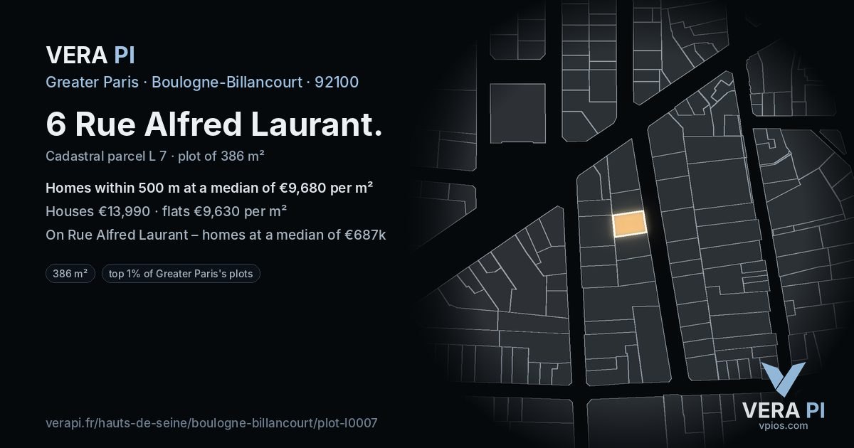 6 Rue Alfred Laurant, Boulogne-Billancourt at night – the plot lit, the parcels around coloured by the prices near them