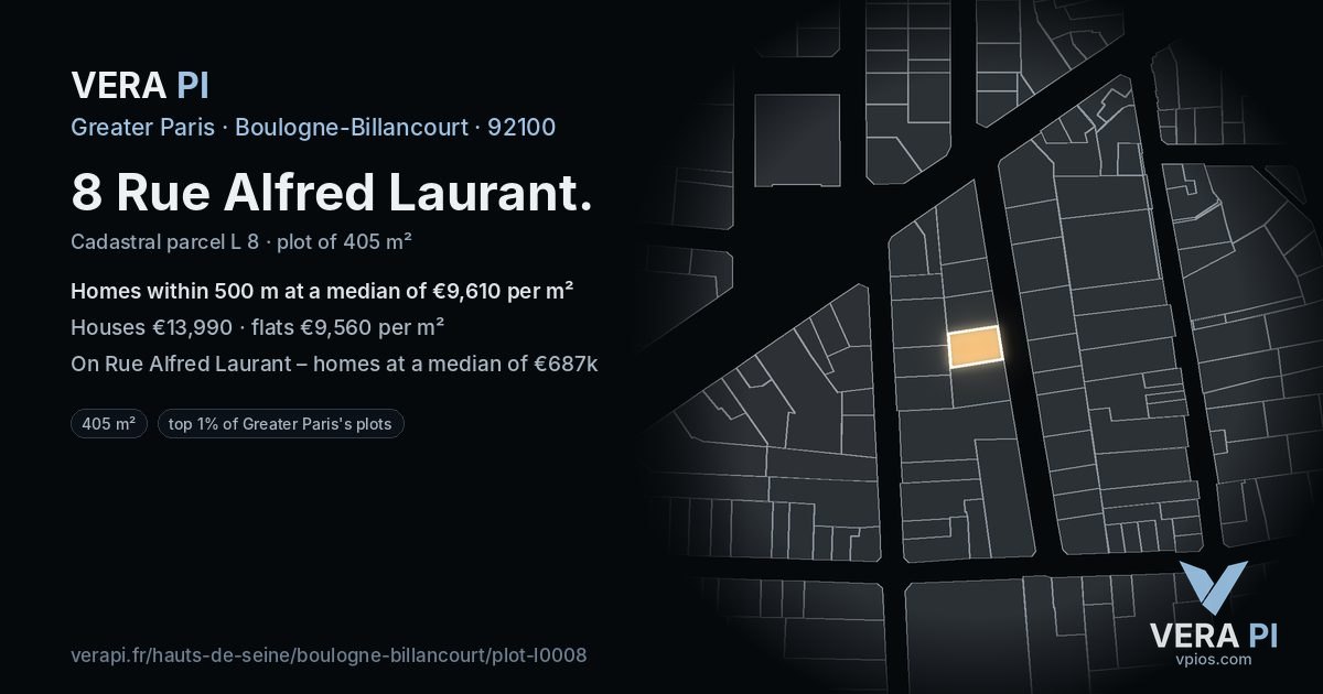 8 Rue Alfred Laurant, Boulogne-Billancourt at night – the plot lit, the parcels around coloured by the prices near them