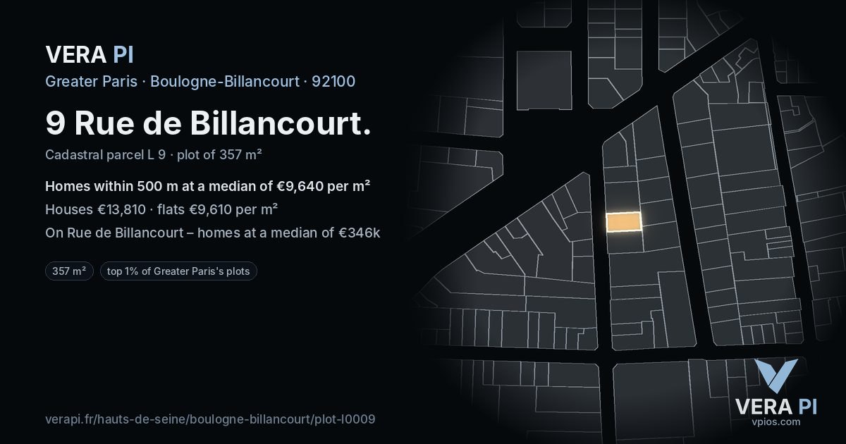 9 Rue de Billancourt, Boulogne-Billancourt at night – the plot lit, the parcels around coloured by the prices near them