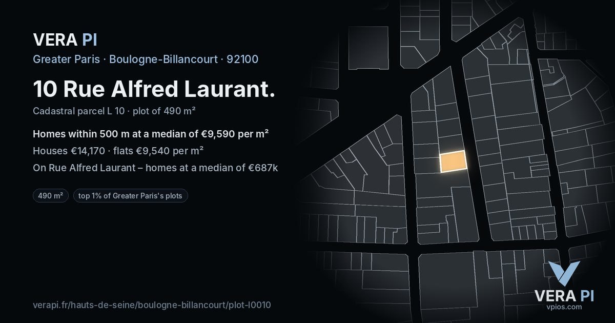10 Rue Alfred Laurant, Boulogne-Billancourt at night – the plot lit, the parcels around coloured by the prices near them