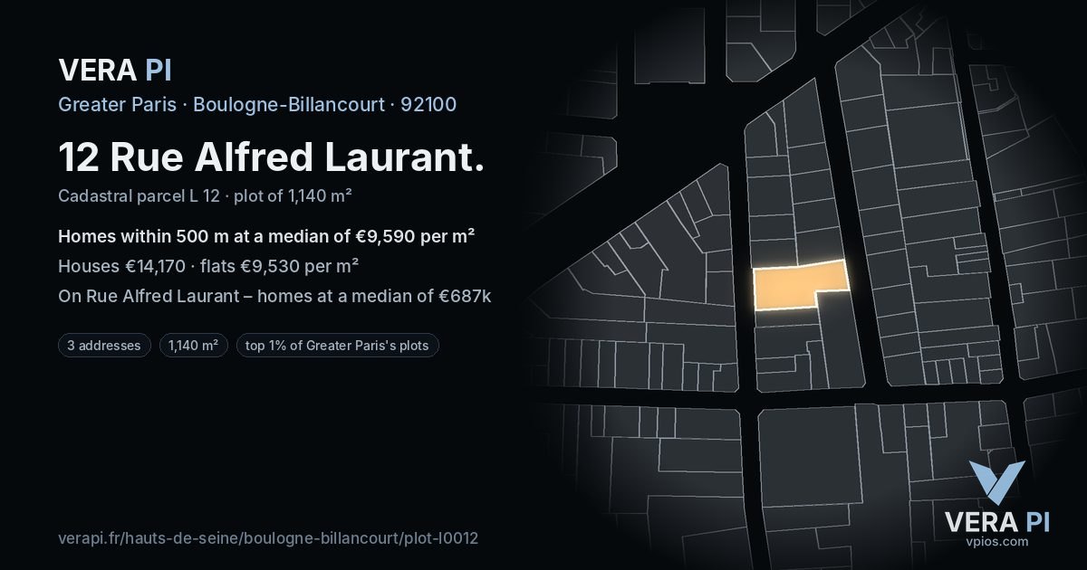12 Rue Alfred Laurant, Boulogne-Billancourt at night – the plot lit, the parcels around coloured by the prices near them