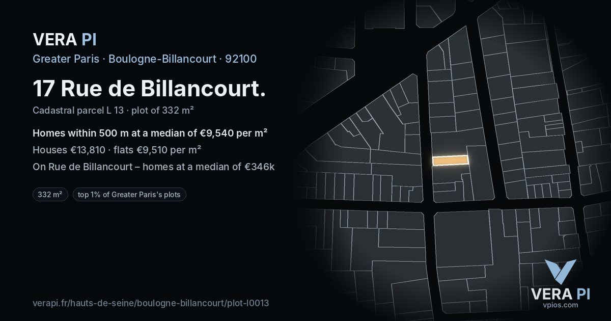 17 Rue de Billancourt, Boulogne-Billancourt at night – the plot lit, the parcels around coloured by the prices near them