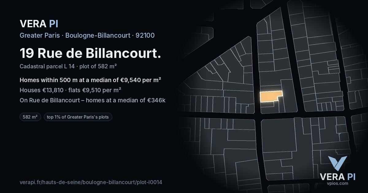 19 Rue de Billancourt, Boulogne-Billancourt at night – the plot lit, the parcels around coloured by the prices near them
