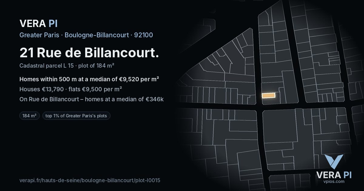 21 Rue de Billancourt, Boulogne-Billancourt at night – the plot lit, the parcels around coloured by the prices near them