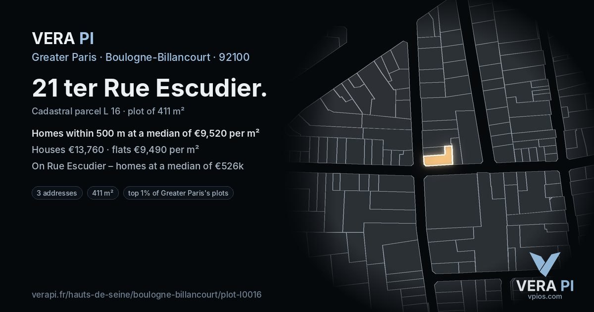 21 ter Rue Escudier, Boulogne-Billancourt at night – the plot lit, the parcels around coloured by the prices near them