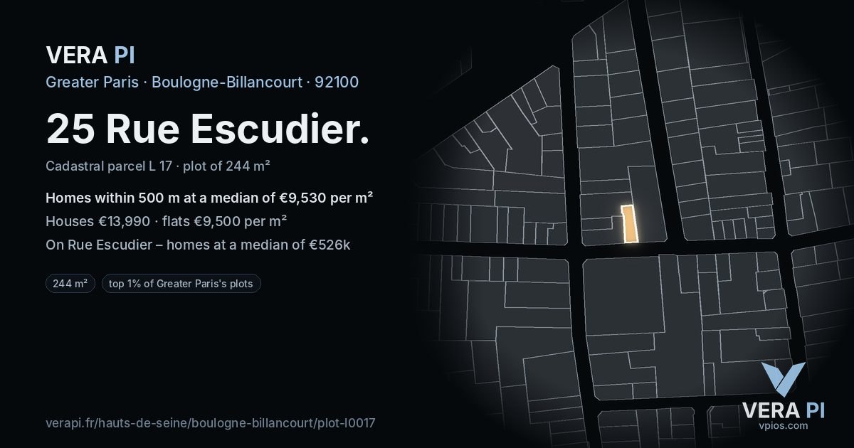 25 Rue Escudier, Boulogne-Billancourt at night – the plot lit, the parcels around coloured by the prices near them