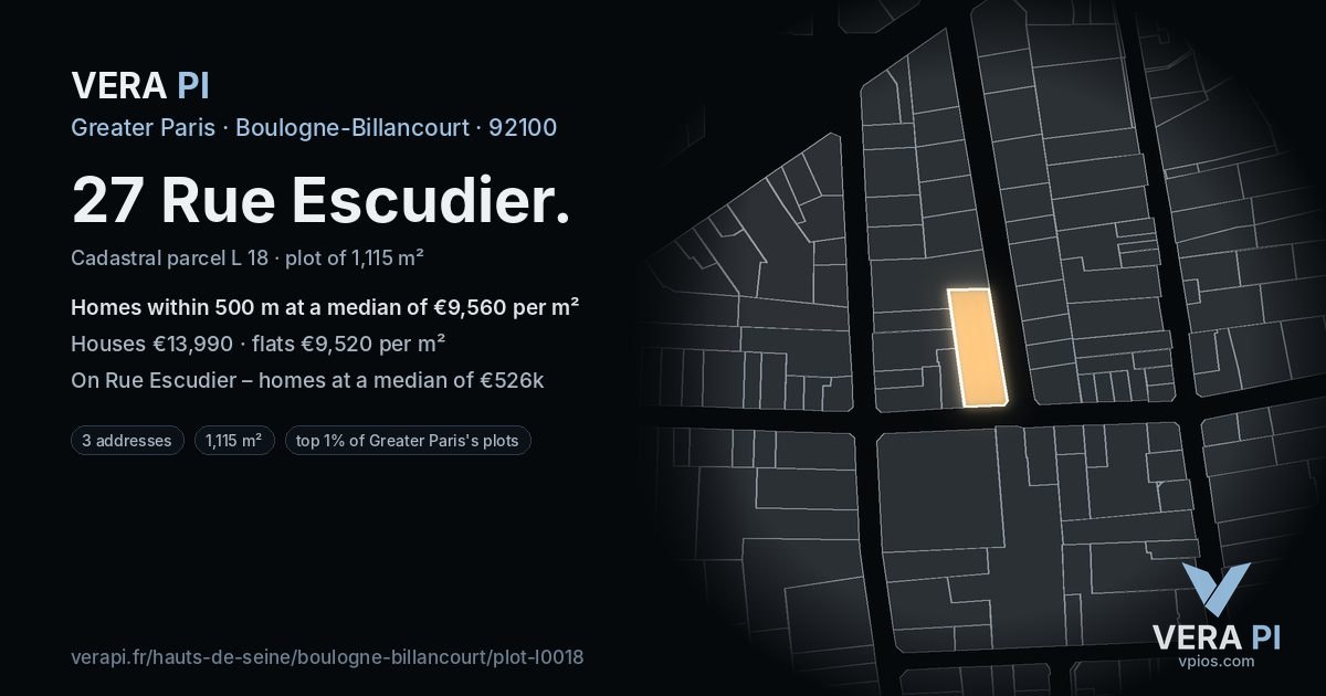 27 Rue Escudier, Boulogne-Billancourt at night – the plot lit, the parcels around coloured by the prices near them
