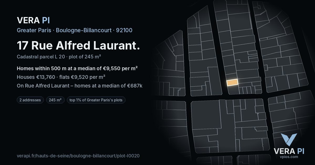 17 Rue Alfred Laurant, Boulogne-Billancourt at night – the plot lit, the parcels around coloured by the prices near them