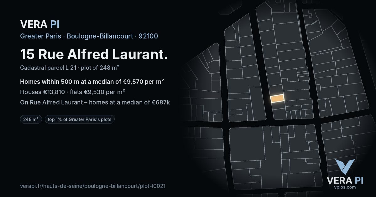 15 Rue Alfred Laurant, Boulogne-Billancourt at night – the plot lit, the parcels around coloured by the prices near them