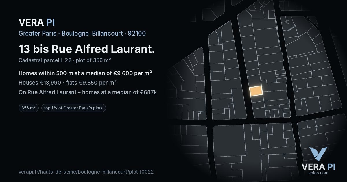 13 bis Rue Alfred Laurant, Boulogne-Billancourt at night – the plot lit, the parcels around coloured by the prices near them