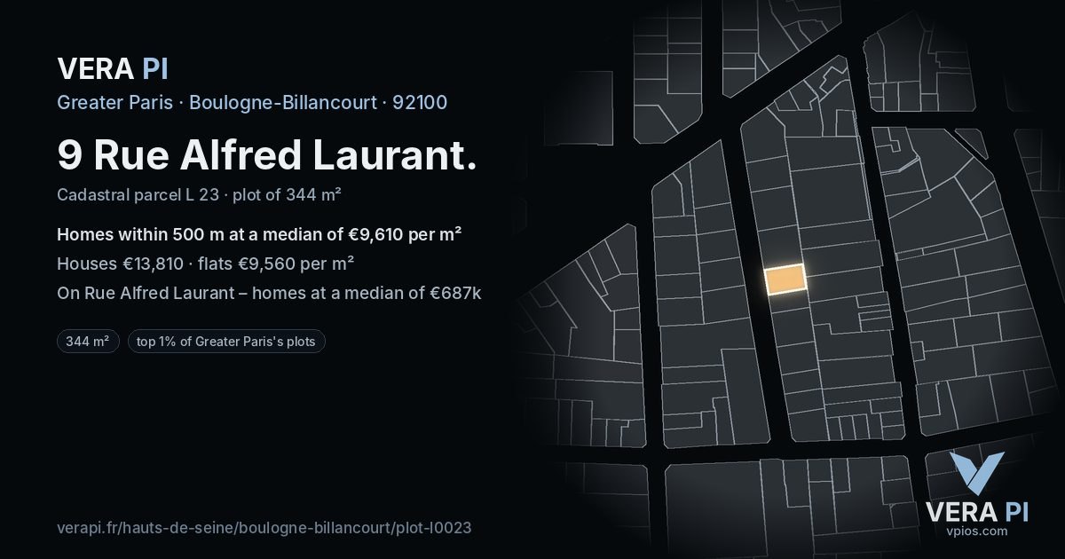 9 Rue Alfred Laurant, Boulogne-Billancourt at night – the plot lit, the parcels around coloured by the prices near them