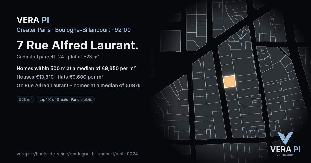 7 Rue Alfred Laurant, Boulogne-Billancourt at night – the plot lit, the parcels around coloured by the prices near them