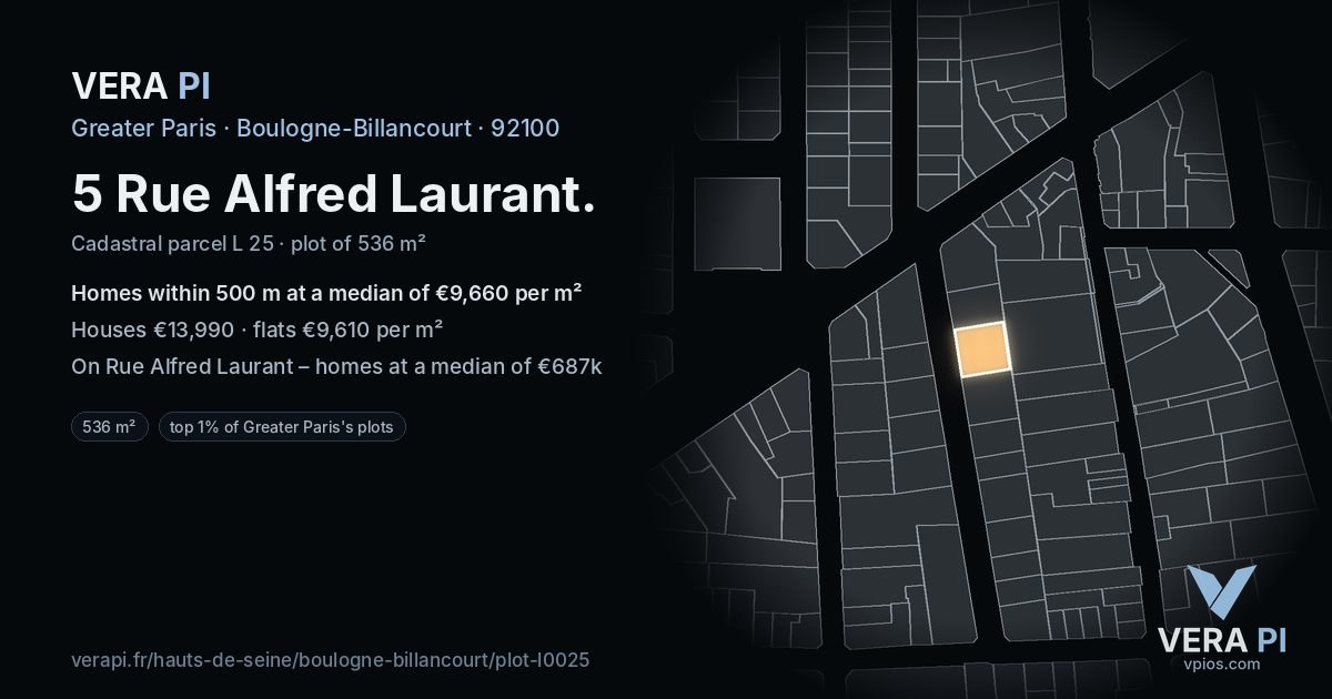 5 Rue Alfred Laurant, Boulogne-Billancourt at night – the plot lit, the parcels around coloured by the prices near them
