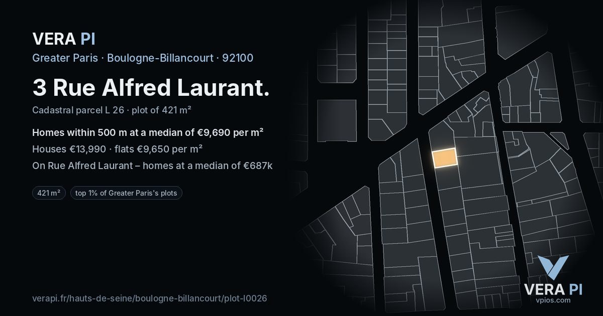 3 Rue Alfred Laurant, Boulogne-Billancourt at night – the plot lit, the parcels around coloured by the prices near them