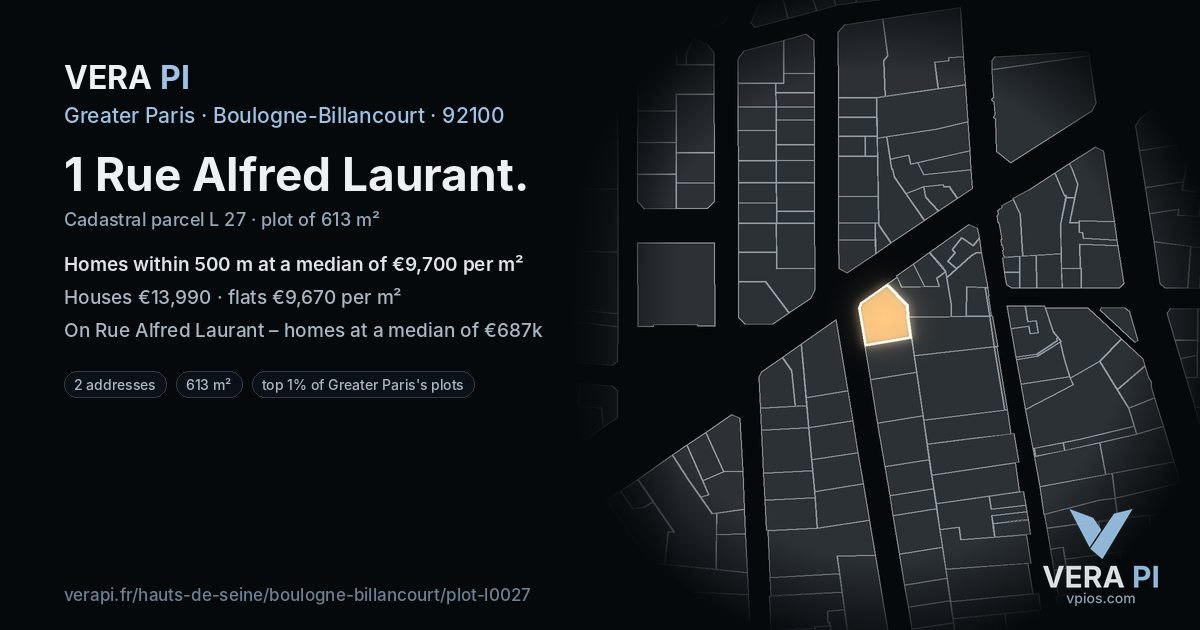 1 Rue Alfred Laurant, Boulogne-Billancourt at night – the plot lit, the parcels around coloured by the prices near them