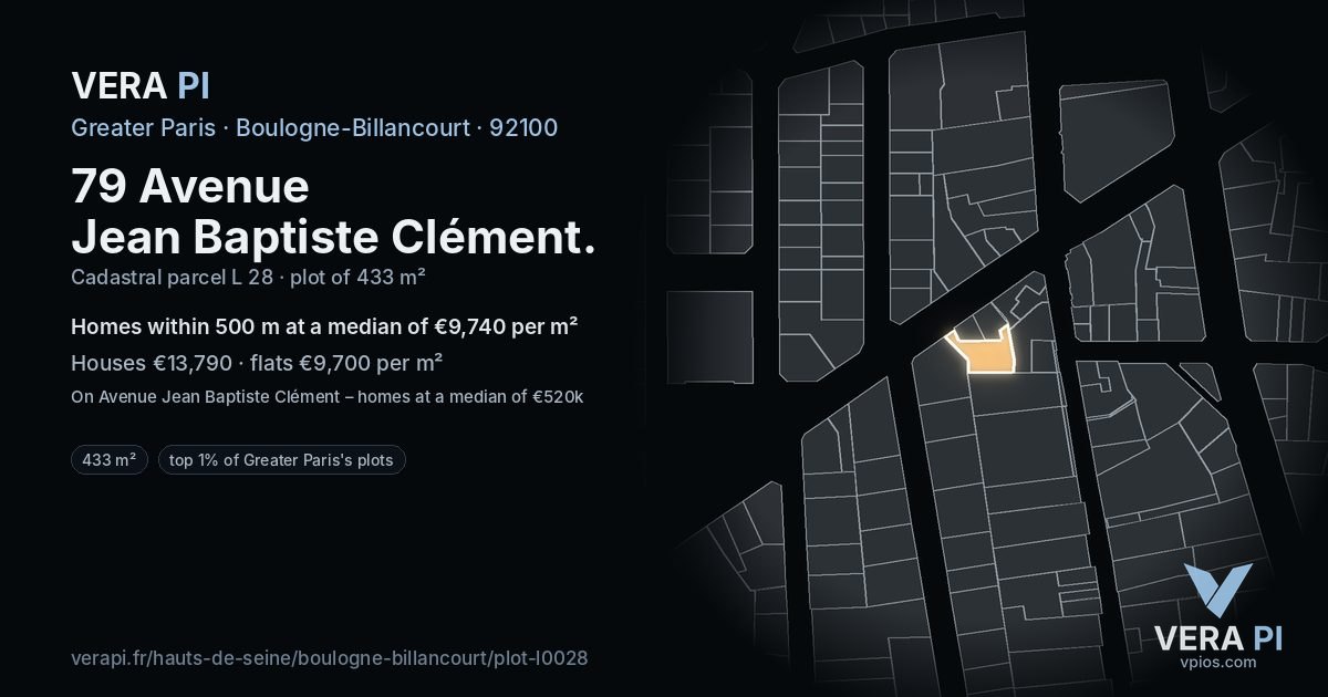 79 Avenue Jean Baptiste Clément, Boulogne-Billancourt at night – the plot lit, the parcels around coloured by the prices near them