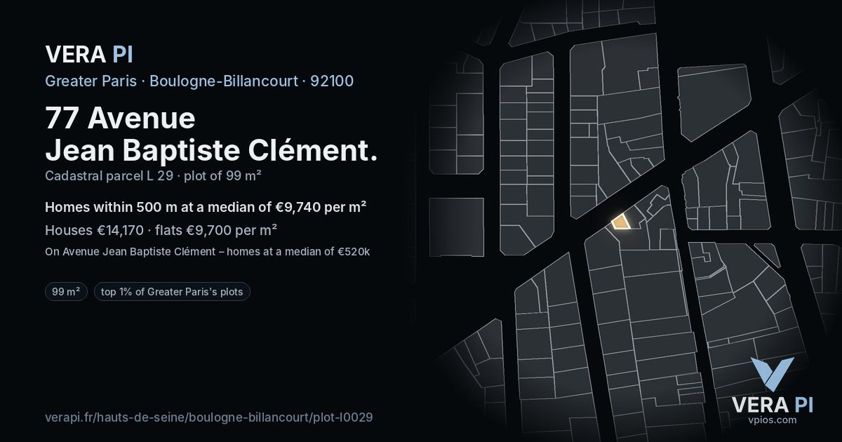 77 Avenue Jean Baptiste Clément, Boulogne-Billancourt at night – the plot lit, the parcels around coloured by the prices near them