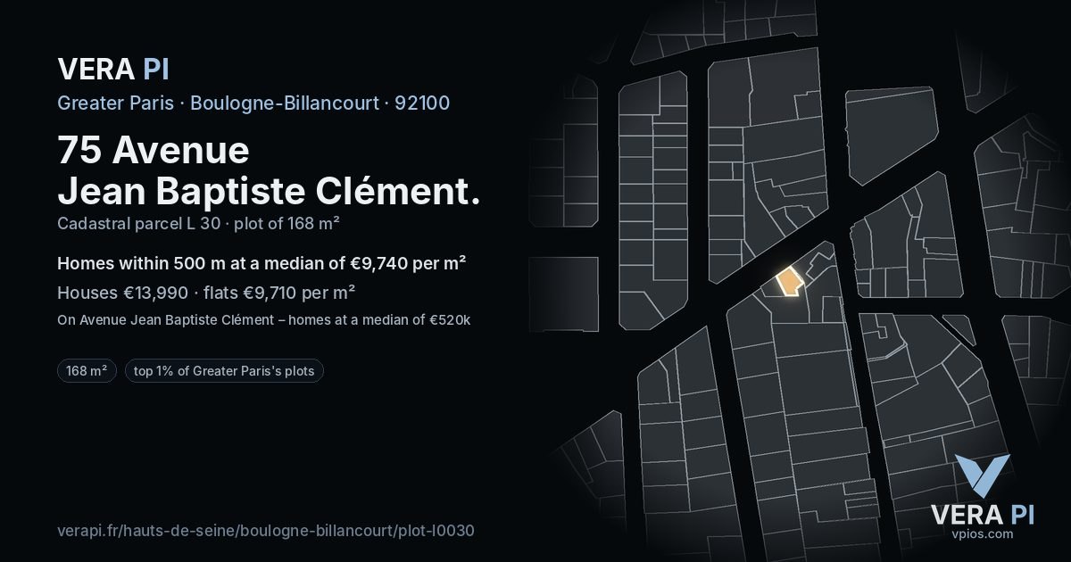 75 Avenue Jean Baptiste Clément, Boulogne-Billancourt at night – the plot lit, the parcels around coloured by the prices near them