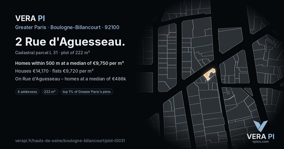 2 Rue d'Aguesseau, Boulogne-Billancourt at night – the plot lit, the parcels around coloured by the prices near them