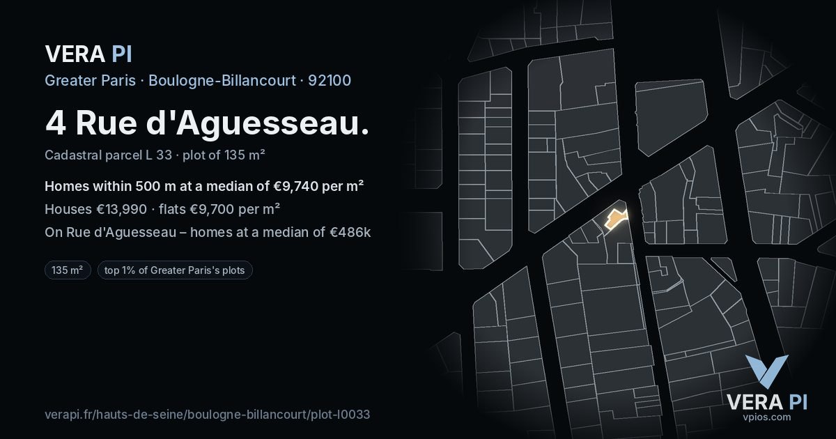 4 Rue d'Aguesseau, Boulogne-Billancourt at night – the plot lit, the parcels around coloured by the prices near them