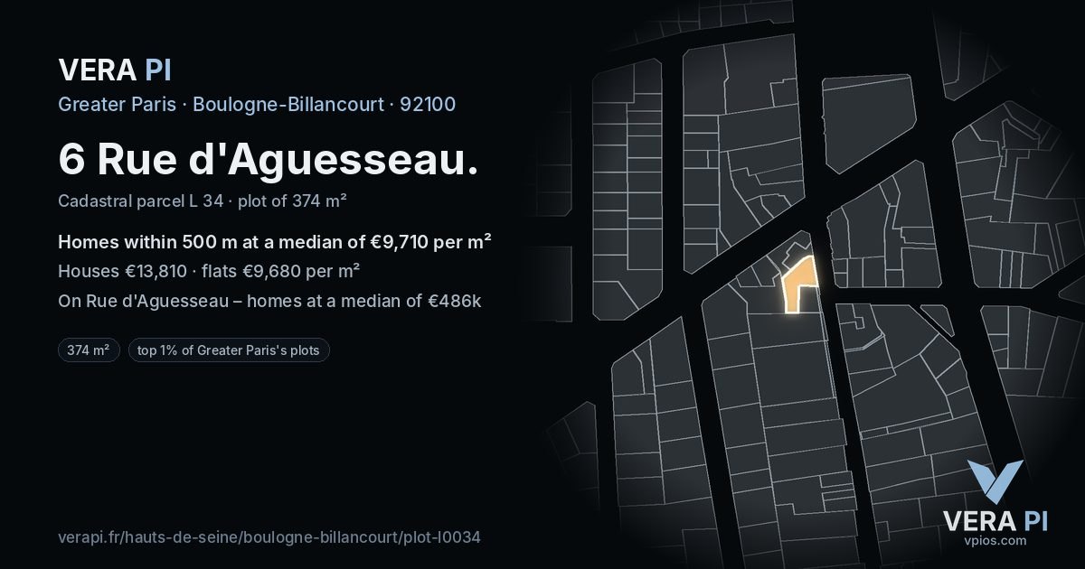 6 Rue d'Aguesseau, Boulogne-Billancourt at night – the plot lit, the parcels around coloured by the prices near them