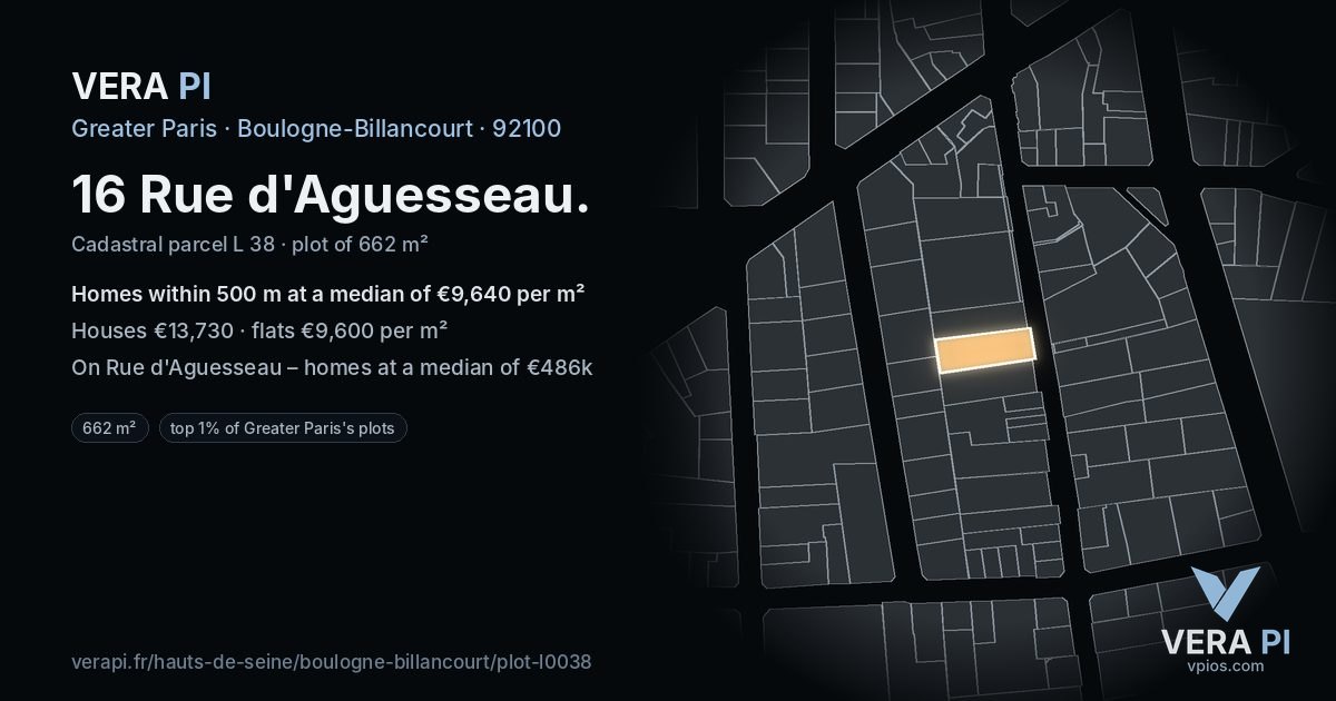 16 Rue d'Aguesseau, Boulogne-Billancourt at night – the plot lit, the parcels around coloured by the prices near them