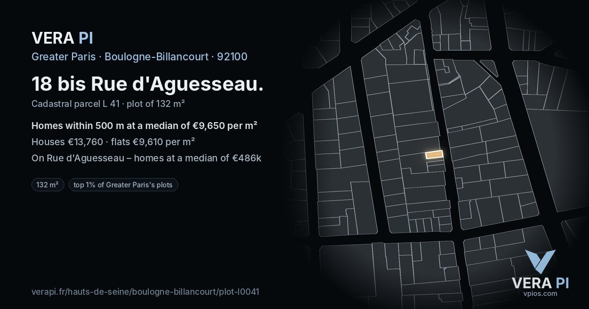18 bis Rue d'Aguesseau, Boulogne-Billancourt at night – the plot lit, the parcels around coloured by the prices near them