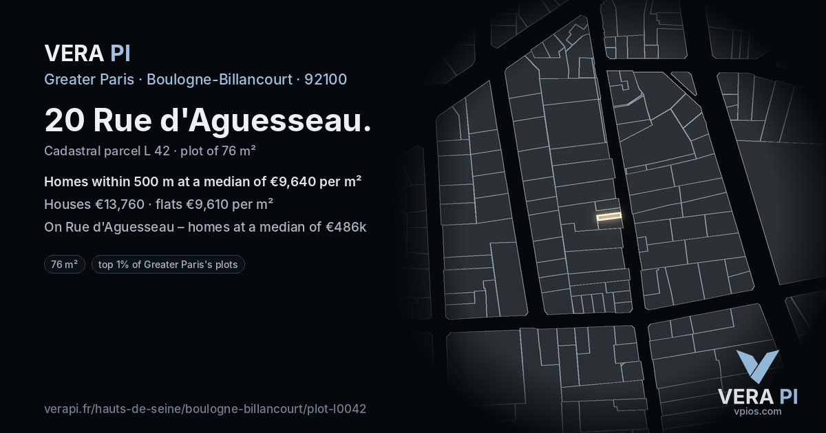 20 Rue d'Aguesseau, Boulogne-Billancourt at night – the plot lit, the parcels around coloured by the prices near them