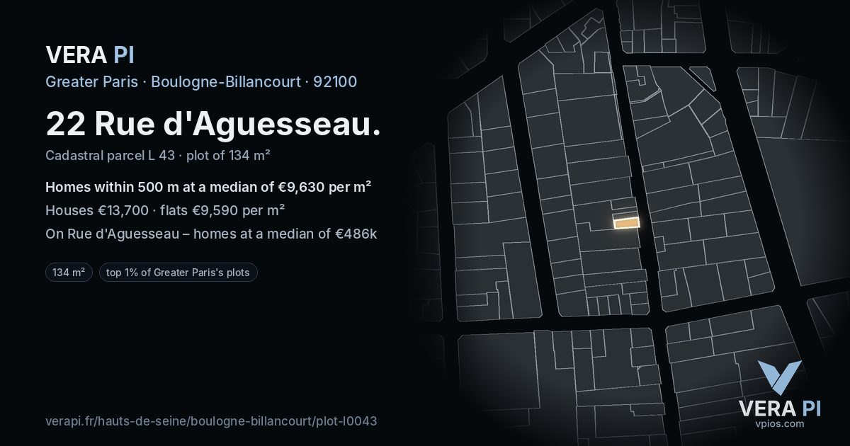 22 Rue d'Aguesseau, Boulogne-Billancourt at night – the plot lit, the parcels around coloured by the prices near them
