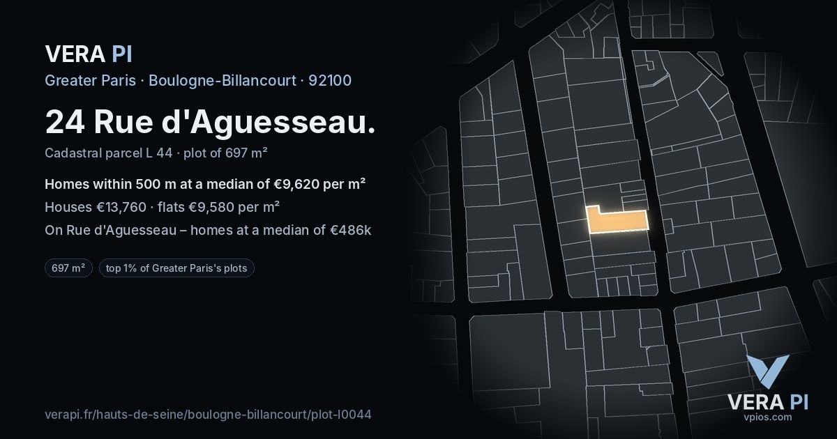 24 Rue d'Aguesseau, Boulogne-Billancourt at night – the plot lit, the parcels around coloured by the prices near them