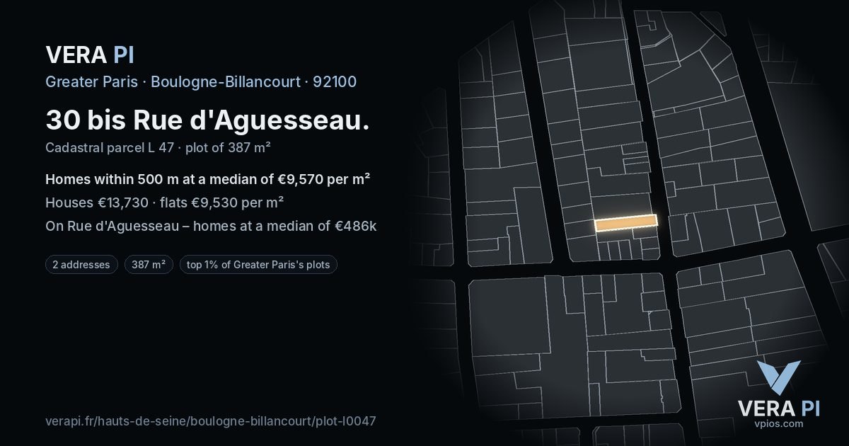 30 bis Rue d'Aguesseau, Boulogne-Billancourt at night – the plot lit, the parcels around coloured by the prices near them