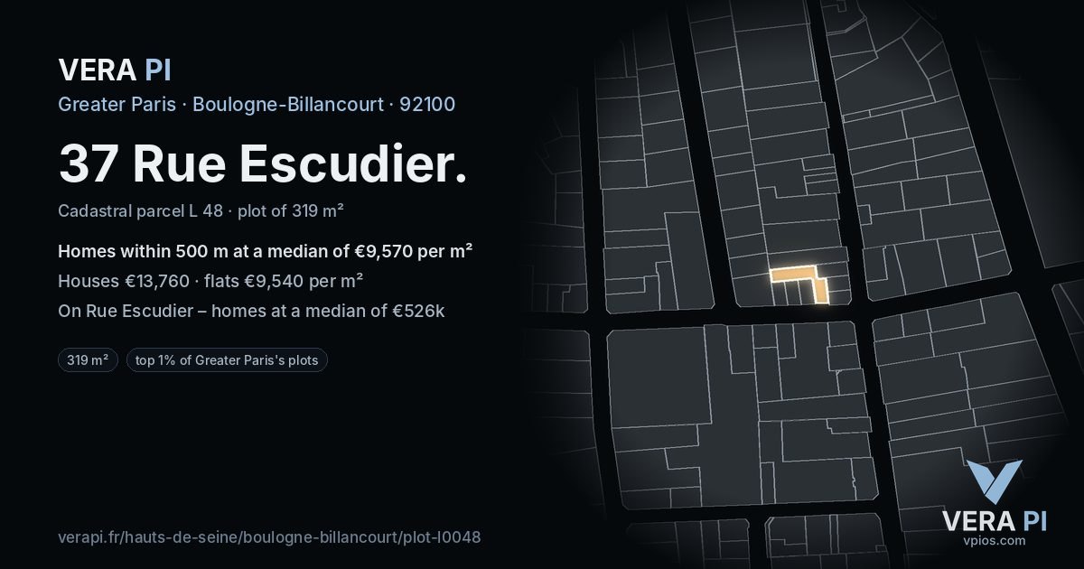 37 Rue Escudier, Boulogne-Billancourt at night – the plot lit, the parcels around coloured by the prices near them