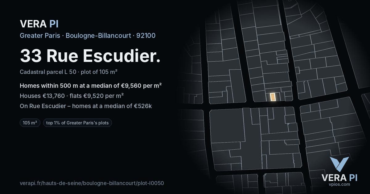 33 Rue Escudier, Boulogne-Billancourt at night – the plot lit, the parcels around coloured by the prices near them