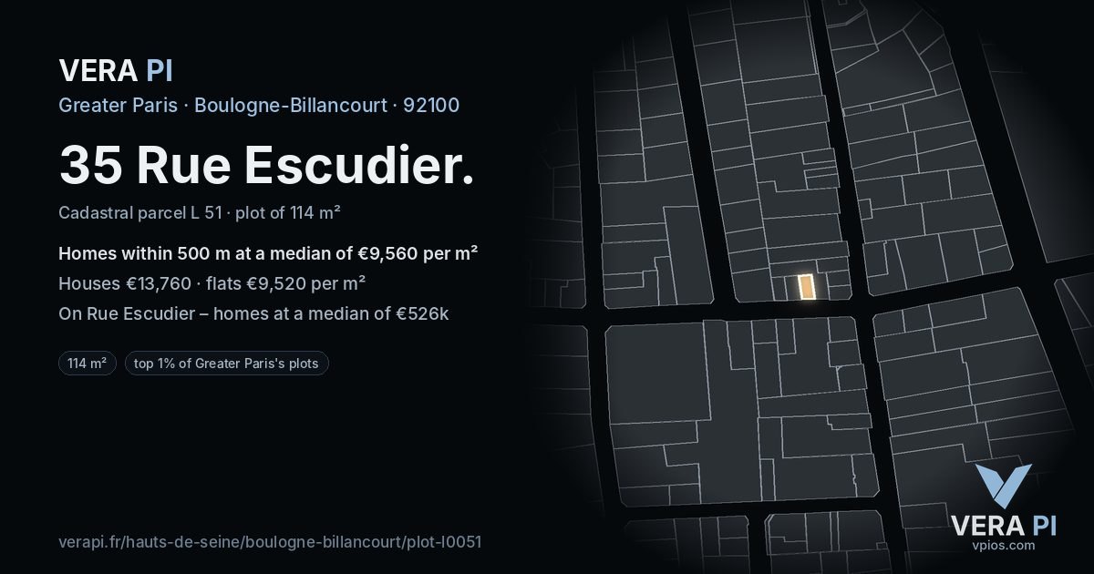 35 Rue Escudier, Boulogne-Billancourt at night – the plot lit, the parcels around coloured by the prices near them