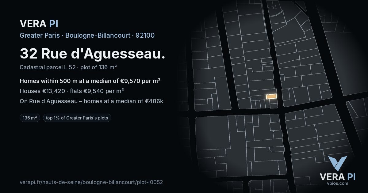 32 Rue d'Aguesseau, Boulogne-Billancourt at night – the plot lit, the parcels around coloured by the prices near them