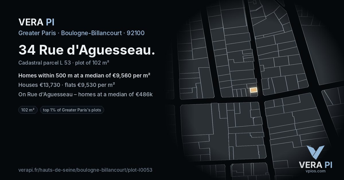 34 Rue d'Aguesseau, Boulogne-Billancourt at night – the plot lit, the parcels around coloured by the prices near them